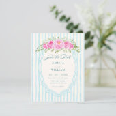 Blaue Blumenstreifen Hochzeit Save The Date (Stehend Vorderseite)