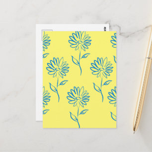 Blaue Blumenumrandung auf gelbem Hintergrund Postkarte