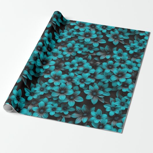 Blaue Blumenverpackung auf Schwarz Geschenkpapier (Ungerollt)