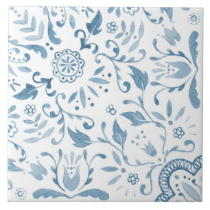 Blaue Blumenwasserfarbe Nahtloses Fliesenmuster Fliese