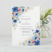 Blaue Blumenwiese Hochzeit Einladung (Stehend Vorderseite)