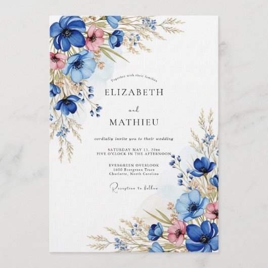 Blaue Blumenwiese Hochzeit Einladung (Vorderseite)