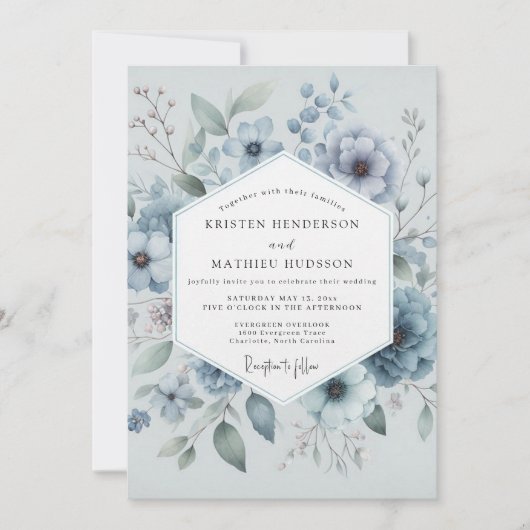 Blaue Blumenwiese Hochzeit Einladung (Vorderseite)