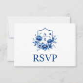 Blaue Blumenzunge Chinoiserie Wappen und qr code H RSVP Karte (Vorderseite)