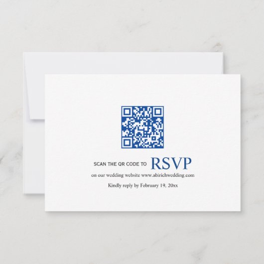 Blaue Blumenzunge Chinoiserie Wappen und qr code H RSVP Karte (Rückseite)
