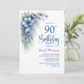 Blaue Blumige 90. Geburtstagsfeier Einladung (Stehend Vorderseite)