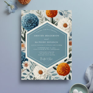 Blaue Blumige Botanische Romantische Hochzeit Einladung