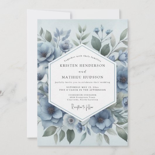 Blaue Blumige Hochzeit Einladung (Vorderseite)