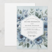 Blaue Blumige Hochzeit Einladung (Vorne/Hinten)