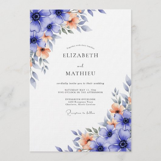 Blaue Blumige Hochzeit Einladung (Vorderseite)