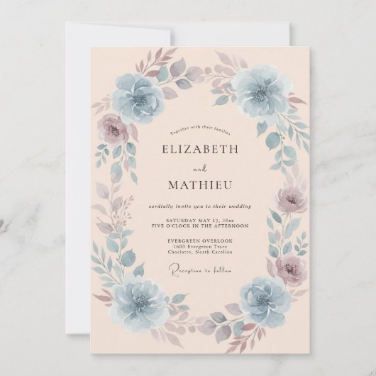 Blaue Blumige Hochzeit Einladung (Vorderseite)