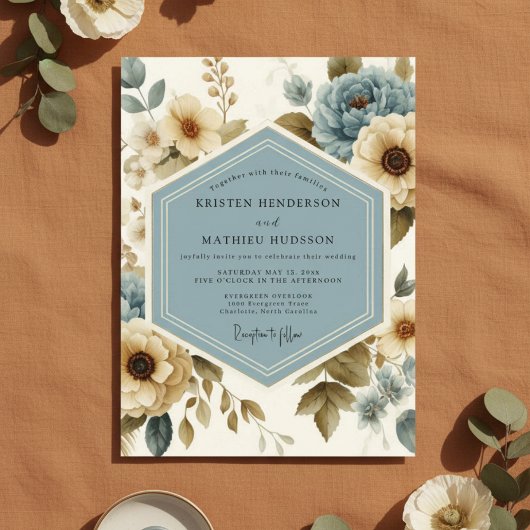 Blaue Blumige Hochzeit Einladung