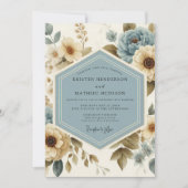 Blaue Blumige Hochzeit Einladung (Vorderseite)