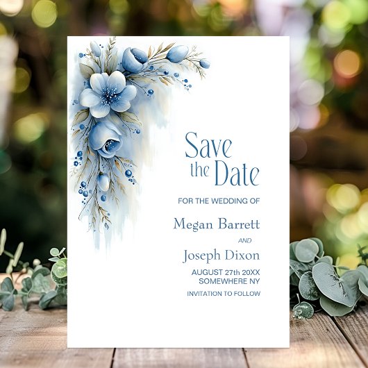 Blaue Blumige Hochzeit - Termin vormerken Save The Date