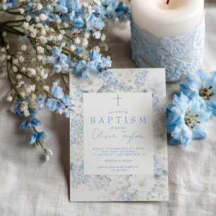 Blaue Blumige Jungen Taufe Einladung