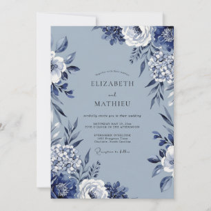 Blaue Blumige Künstlerische Flourish-Hochzeit Einladung