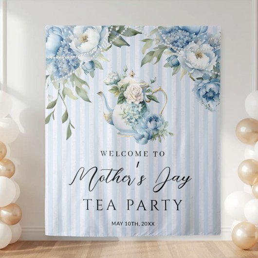 Blaue Blumige Muttertags-Teeparty-Kulisse Wandteppich