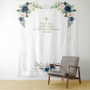 Blaue Blush-Blumen Foto Booth Geburtstag Taufe Wandteppich