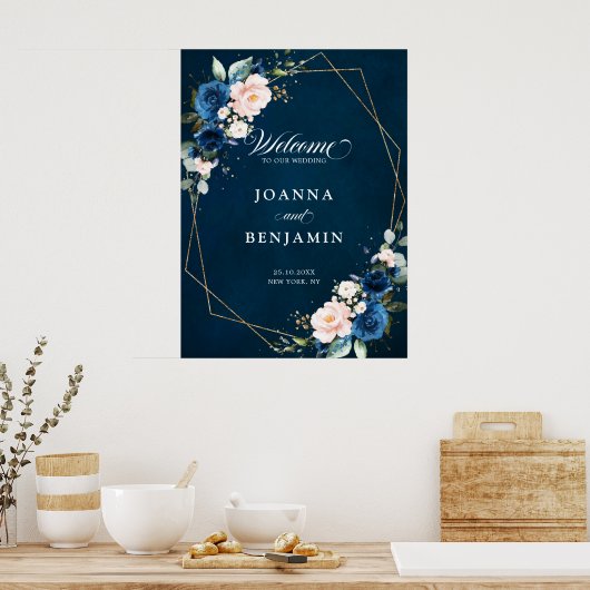 Blaue Blush-Rose Geometric Wedding Welcome Pos Poster (Küche)