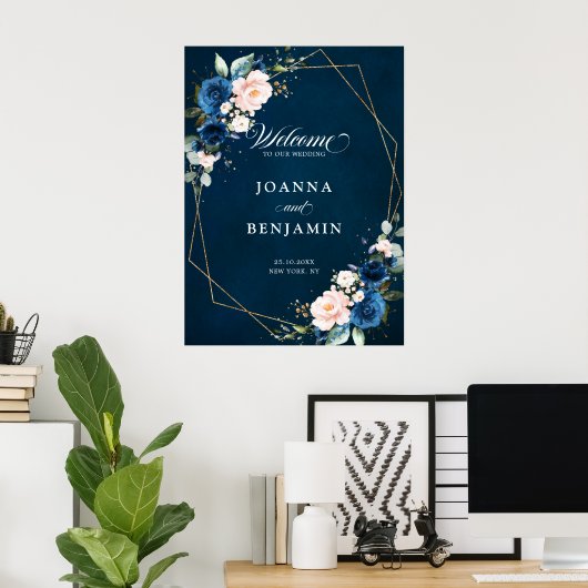 Blaue Blush-Rose Geometric Wedding Welcome Pos Poster (Heimbüro)