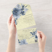 Blaue Blüte auf gestresstes hellgelbes Gelb mit QR All In One Einladung (Abreißen)
