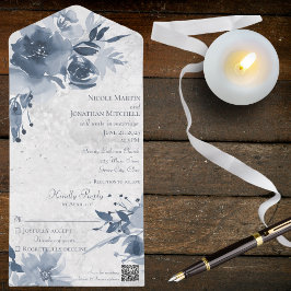 Blaue Blüte auf Weißleise mit QR-Code All In One Einladung