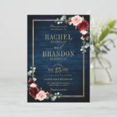 Blaue Blüte Burgundy Goldene Hochzeit in Einladung (Stehend Vorderseite)