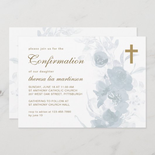 Blaue Blüte mit Kreuzbestätigung Einladung (Vorne/Hinten)