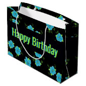 Blaue Blüte mit Schwarz Große Geschenktüte (Rückseite Schrägansicht)