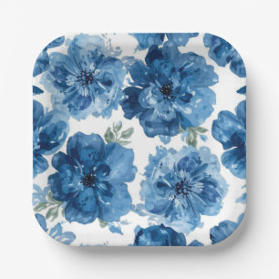 Blaue Blüten-Aquarell-Blumen Botanisch Weiß Pappteller
