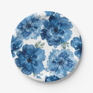 Blaue Blüten Aquarell Blumen Botanisch Weiß Pappteller