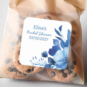 Blaue Blüten Aquarell Individuelle Brautparty Quadratischer Aufkleber