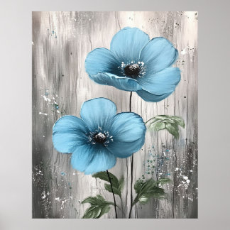 Blaue Blüten auf Grau-Holz-Malerei Poster