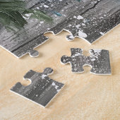 Blaue Blüten auf grauem Holz Puzzle (Seite)