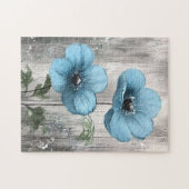Blaue Blüten auf grauem Holz Puzzle (Horizontal)