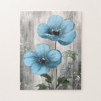 Blaue Blüten auf grauem Holz Puzzle