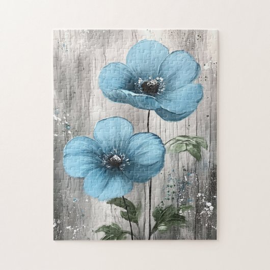 Blaue Blüten auf grauem Holz Puzzle (Vertikal)
