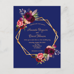 Blaue Blüten Bordeaux Hochzeitseinladung Postkarte