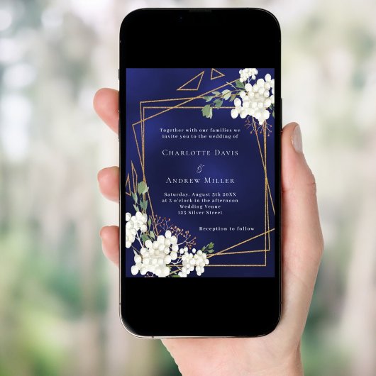 Blaue Blüten, geometrische Hochzeit Einladung