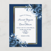 Blaue Blüten Gold Hochzeitseinladung Postkarte (Vorderseite)