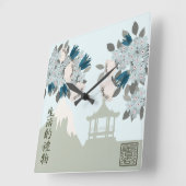 Blaue Blüten Rose Orientale Blumenlandschaft Kunst Quadratische Wanduhr (Winkel)