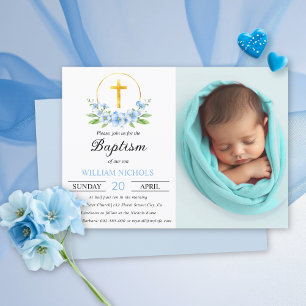 Blaue Blüten und Goldkreuz-Taufe-Foto Einladung