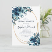 Blaue Blüten und Goldrahmen-Brautparty Einladung (Stehend Vorderseite)