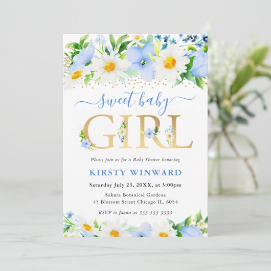 Blaue Blüten und Milchdusche Einladung (Stehend Vorderseite)