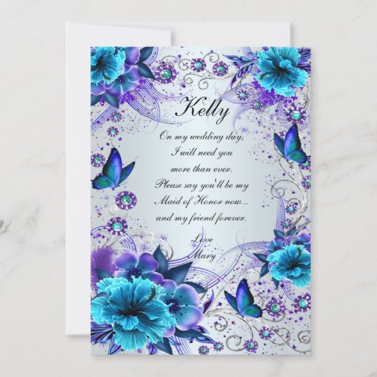 Blaue Blüten- und Schmetterlingskarte Trauzeugin Einladung (Vorderseite)