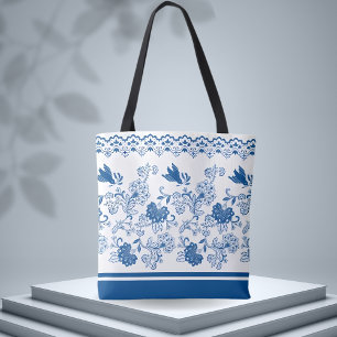 Blaue Blüten- und Vogelmuster - naturgemäß Inspiri Tasche