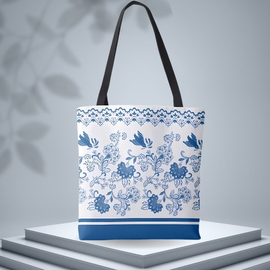 Blaue Blüten- und Vogelmuster - naturgemäß Inspiri Tasche