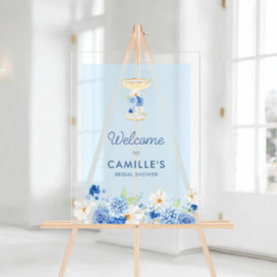 Blaue Blütenblätter und Prosecco Willkommensschild Acrylschild