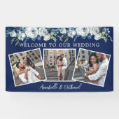 Blaue Blütenblume Elegante Foto Collage Hochzeit Banner (Horizontal)