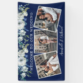 Blaue Blütenblume Elegante Foto Collage Hochzeit Banner (Vertikal)